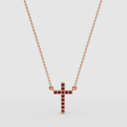 Red Crystal Cross Pendant Necklace With Rose Tone Chain - One