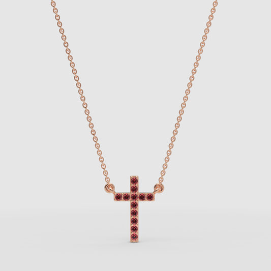 Red Crystal Cross Pendant Necklace With Rose Tone Chain - One