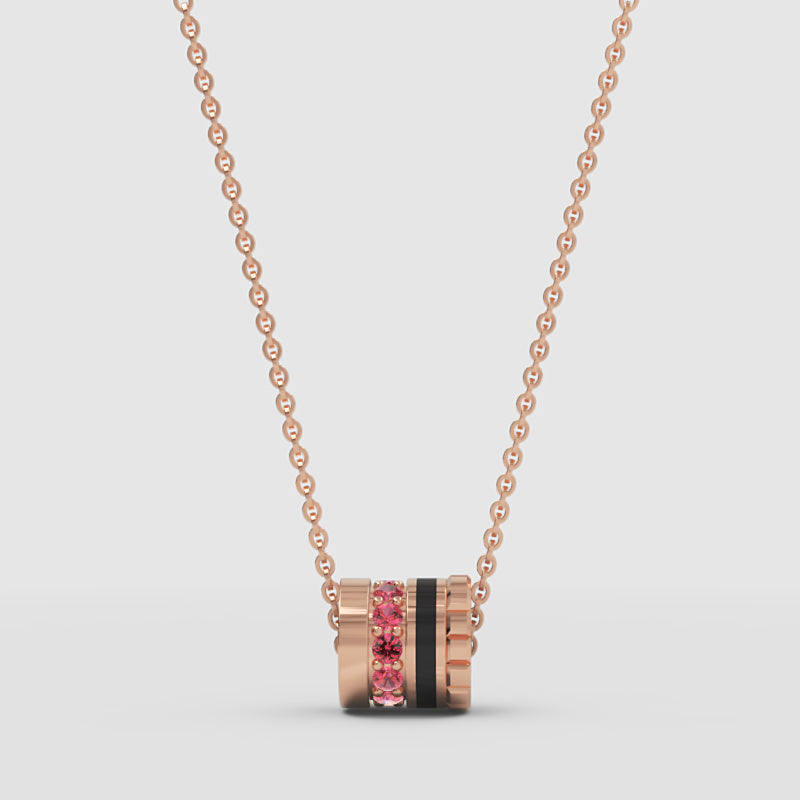 Rose Tone Barrel Pendant Necklace With Pink Gemstone And Black Enamel - One