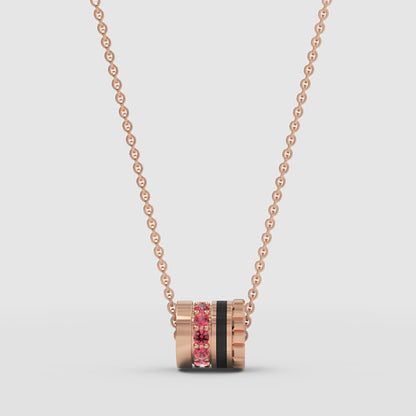 Rose Tone Barrel Pendant Necklace With Pink Gemstone And Black Enamel - One