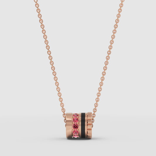 Rose Tone Barrel Pendant Necklace With Pink Gemstone And Black Enamel - One