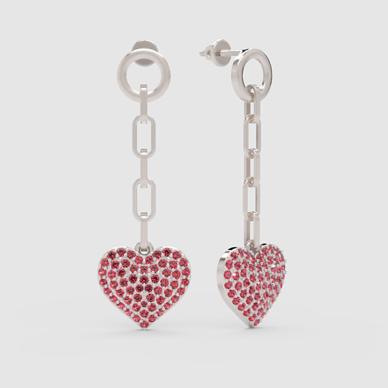 Pink Crystal Heart Chain Link Drop Earrings - Three