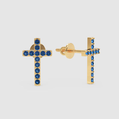 Blue Sapphire Cross Stud Earrings With Screw Back Closure - One