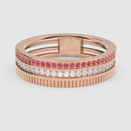 Gold Ruby Diamond Multi-Row Band Ring – Textured Statement Luxury Ring | Jebij - One