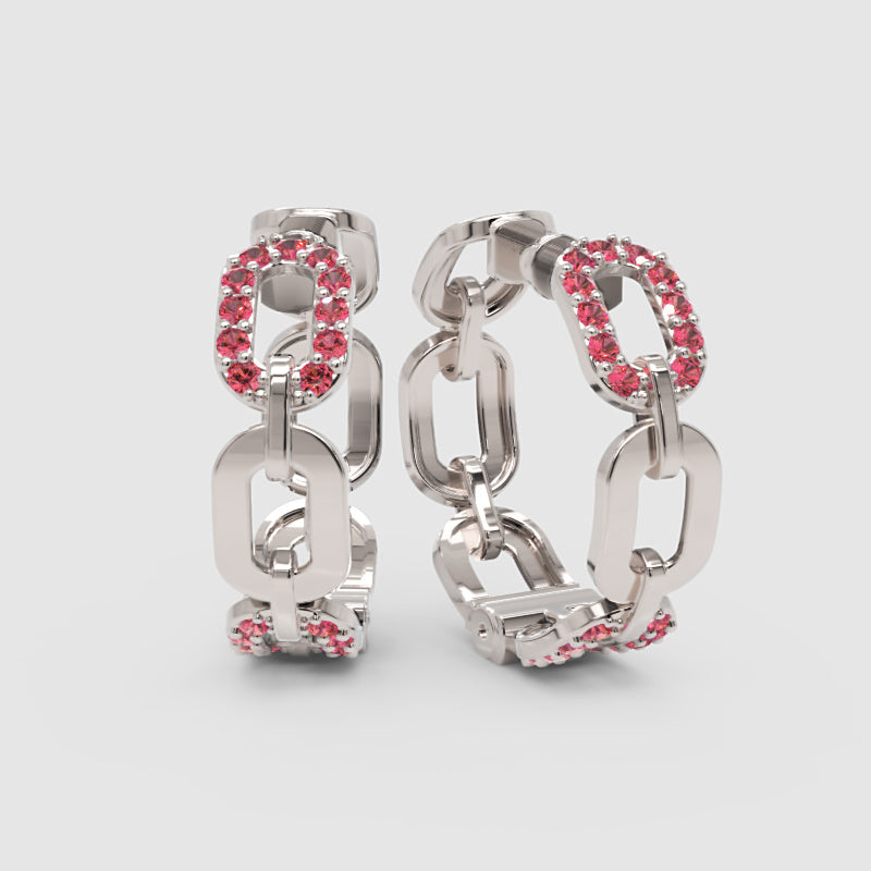 Pink Gemstone Chain Link Hoop Earrings - Three