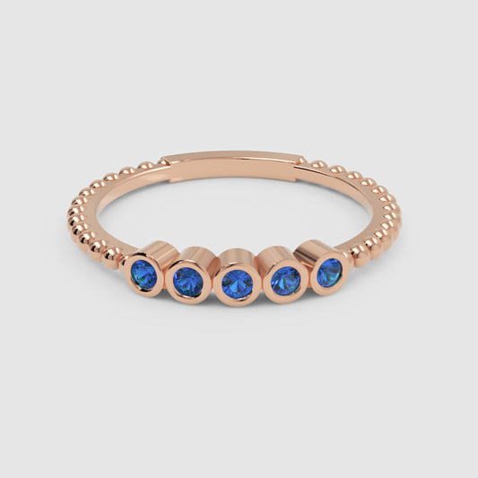 Blue Sapphire Bezel Half Band Ring in Rose Gold – Minimal 5 Stone Stackable Ring | Jebij