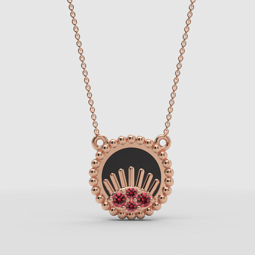 Black Onyx and Pink Gemstone Evil Eye Pendant Necklace with Beaded Frame