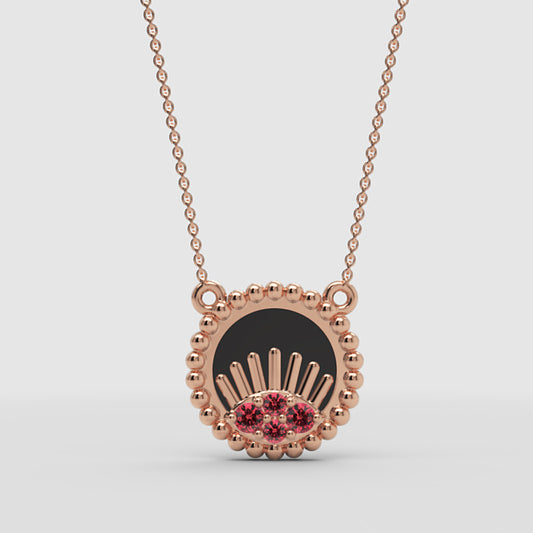Black Onyx And Pink Gemstone Evil Eye Pendant Necklace With Beaded Frame - One
