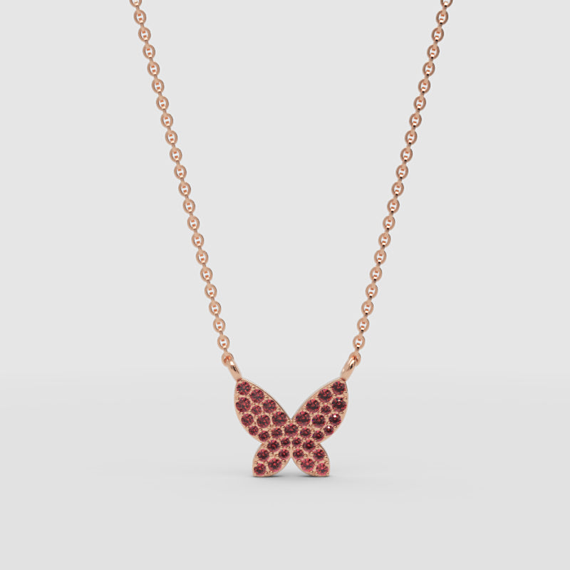 Ruby Butterfly Pendant Necklace With Beaded Chain - One