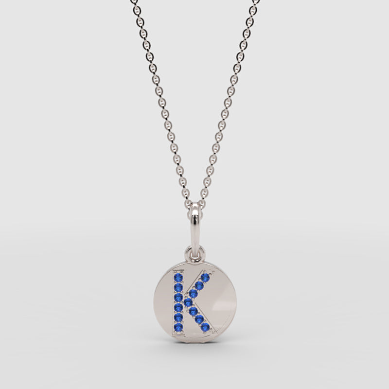 Personalized K Letter Pendant Necklace In White Gold With Blue Stones - One