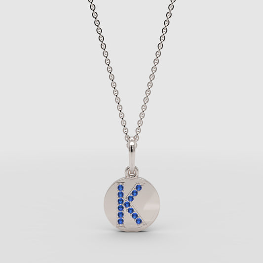 Personalized K Letter Pendant Necklace In White Gold With Blue Stones - One