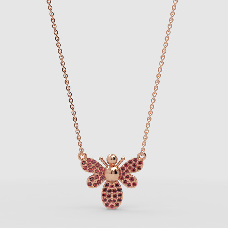 Pink Crystal Bee Pendant Necklace With Rose Tone Chain - One