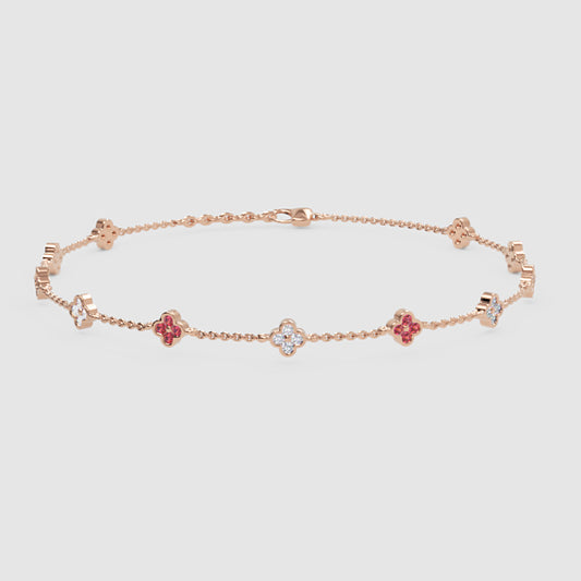 Delicate Clover Station Bracelet with Pink and White Gemstones