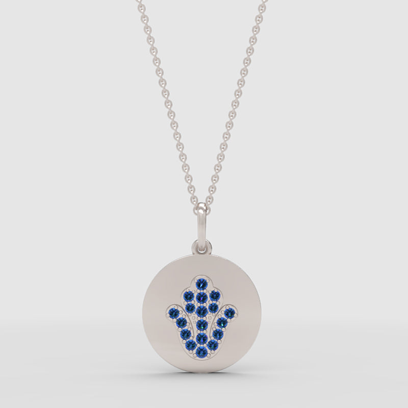 Blue Crystal Hamsa Hand Disc Pendant Necklace - One