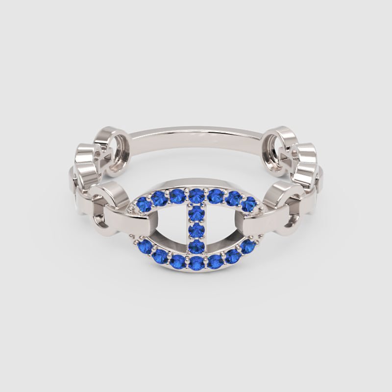 Blue Sapphire Oval Ring (Lab-Grown) | White Gold Chain Link Bar Design For Women | Jebij - One