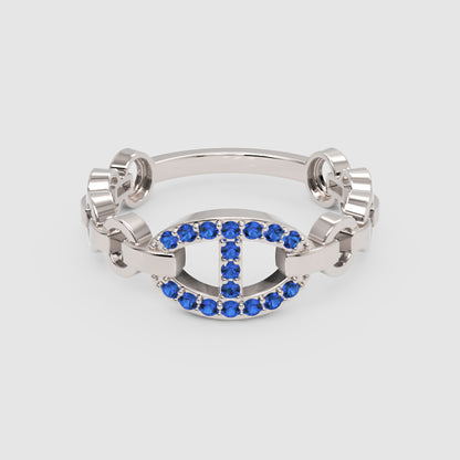 Blue Sapphire Oval Ring (Lab-Grown) | White Gold Chain Link Bar Design For Women | Jebij - One