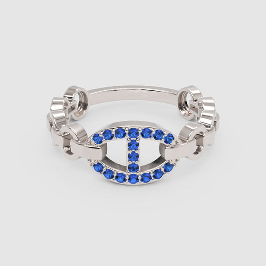 Blue Sapphire Oval Ring (Lab-Grown) | White Gold Chain Link Bar Design For Women | Jebij - One