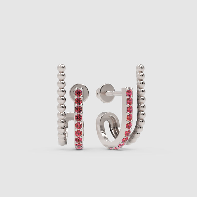 Ruby Beaded Double Hoop Stud Earrings - Three