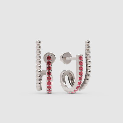 Ruby Beaded Double Hoop Stud Earrings - Three