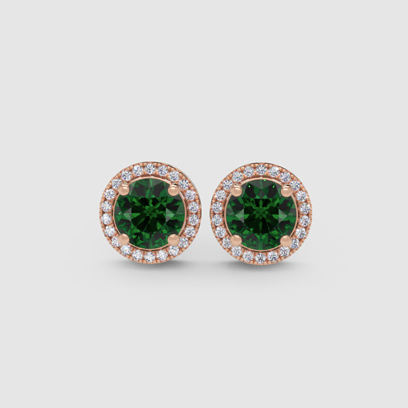 Emerald Green Round Halo Stud Earrings With Screw Back - Four