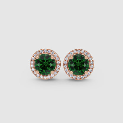 Emerald Green Round Halo Stud Earrings With Screw Back - Four