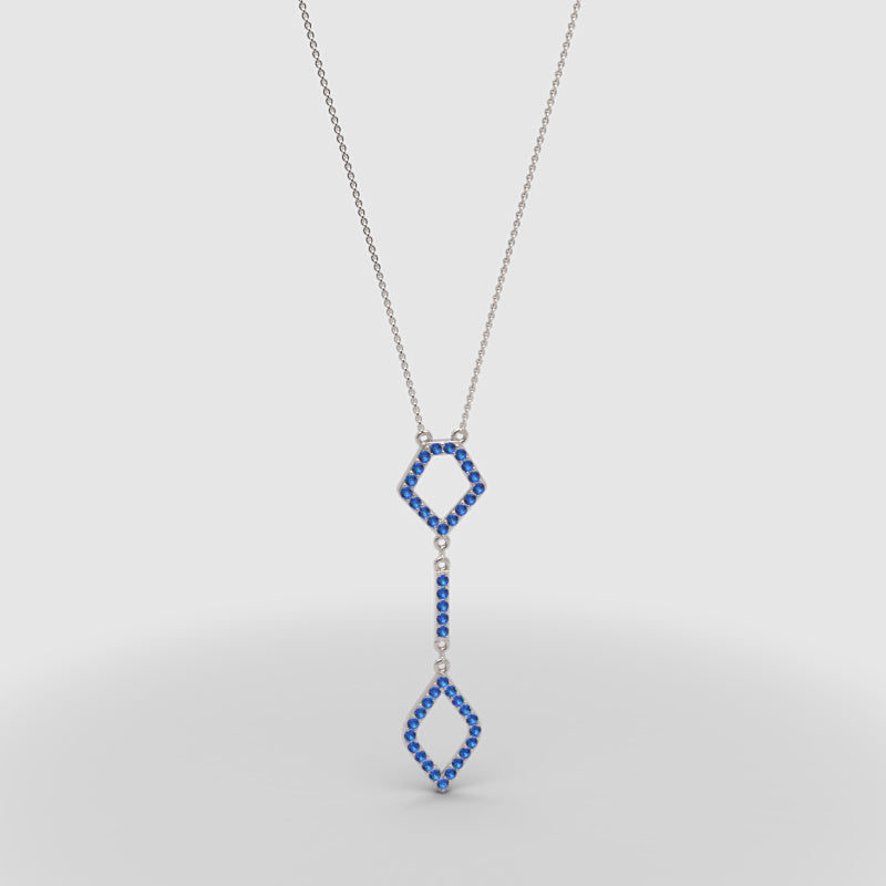 Blue Sapphire Geometric Drop Pendant Necklace | White Gold Adjustable 16–17 Inch Chain - One
