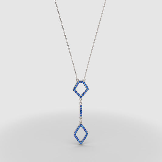 Blue Sapphire Geometric Drop Pendant Necklace | White Gold Adjustable 16–17 Inch Chain - One