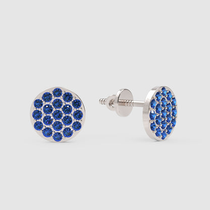 Blue Sapphire Pav Disc Stud Earrings With Screw Back - One