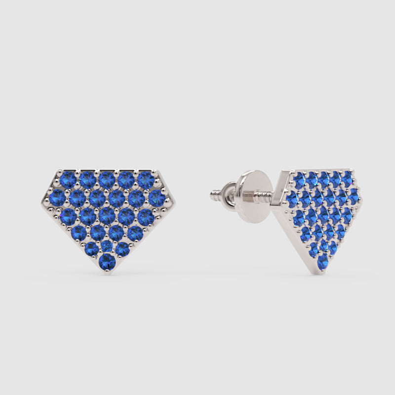 Blue Sapphire Pav Shield Stud Earrings - One