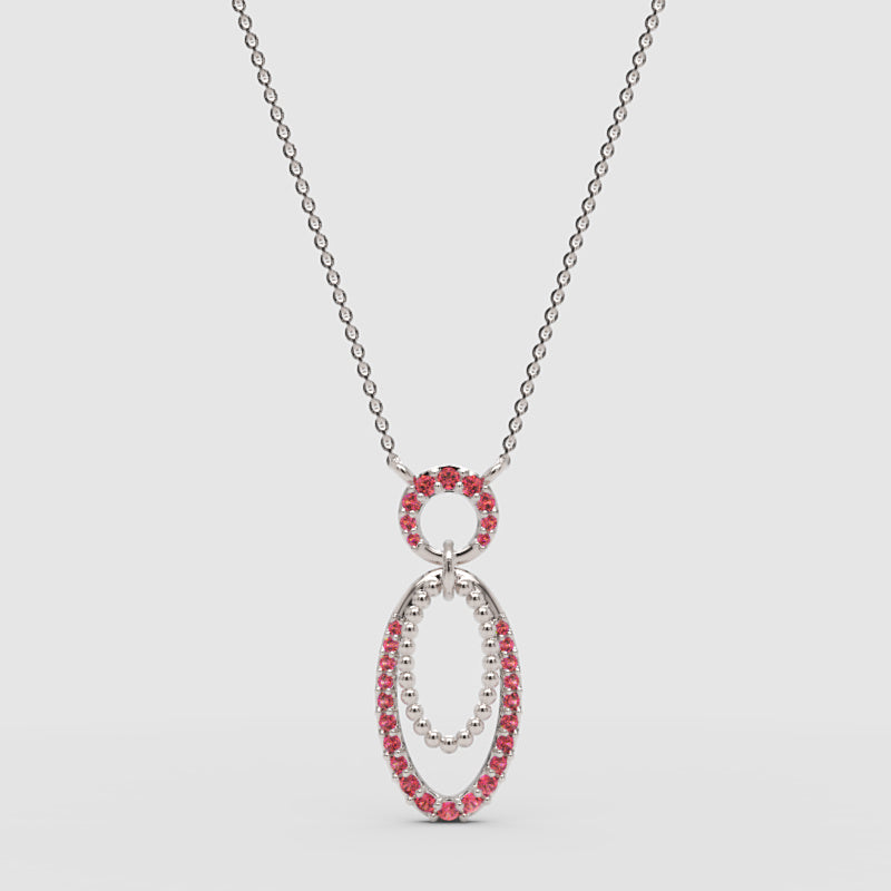 Ruby Oval Drop Pendant Necklace With Beaded Accents - One