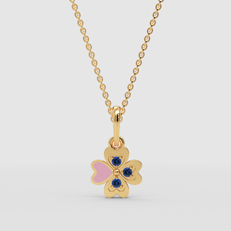 Pink Enamel Heart Clover Pendant Necklace With Blue Stones - Three