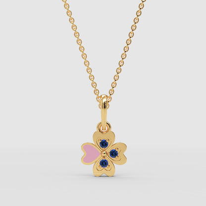 Pink Enamel Heart Clover Pendant Necklace With Blue Stones - Three