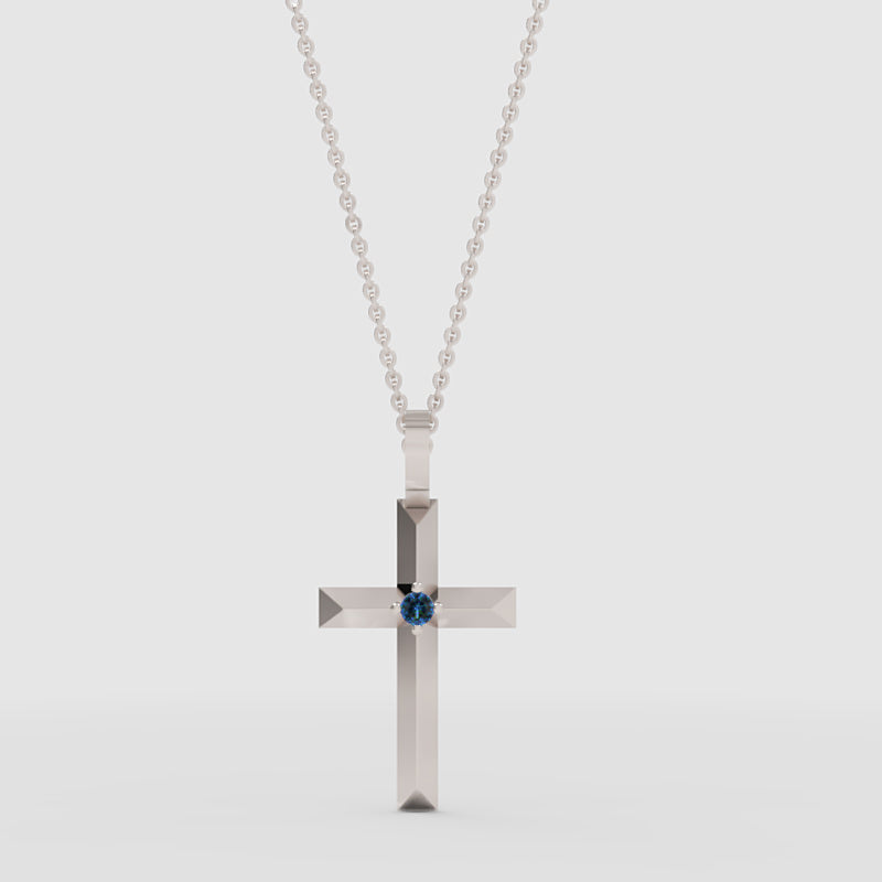 Blue Diamond Cross Pendant Necklace With Chain - One