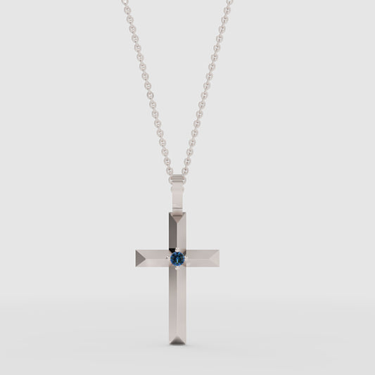 Blue Diamond Cross Pendant Necklace With Chain - One