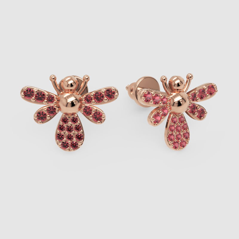 Ruby Bee Stud Earrings With Pav Wings - One