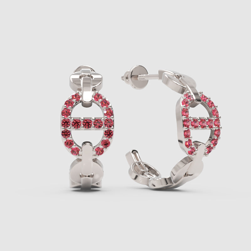 Pink Lab-Grown Gemstone Hoop Earrings In Gold Finish – Modern Oval Link Huggie Design - Three