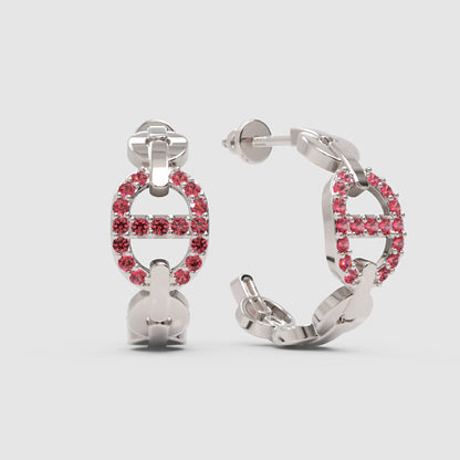 Pink Lab-Grown Gemstone Hoop Earrings In Gold Finish – Modern Oval Link Huggie Design - Three