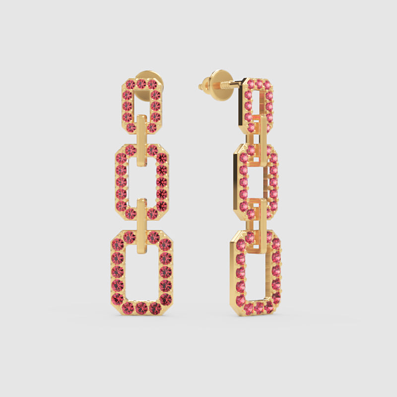 Pink Crystal Triple Link Chain Drop Earrings - Three