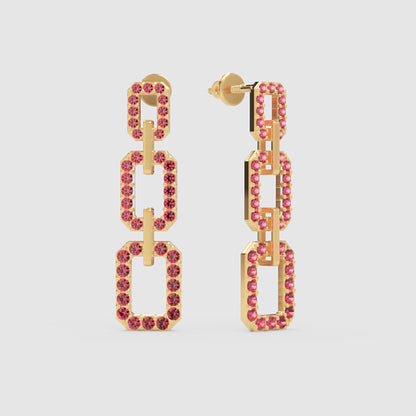 Pink Crystal Triple Link Chain Drop Earrings - Three
