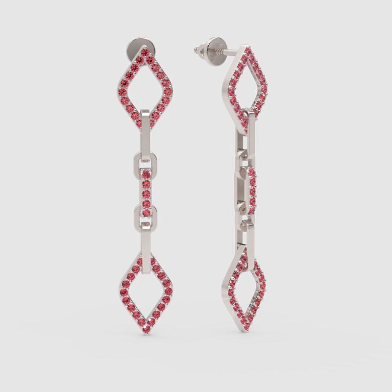 Ruby Chain Link Drop Earrings With Diamond Shaped Accents - Three