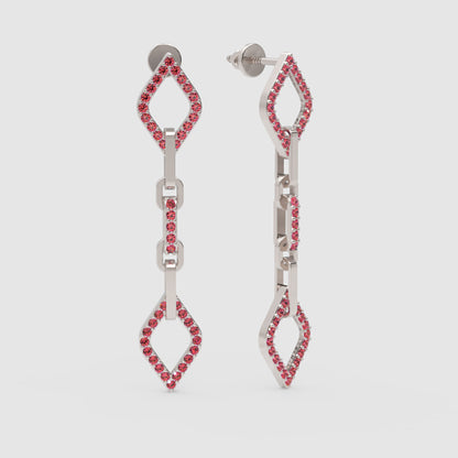 Ruby Chain Link Drop Earrings With Diamond Shaped Accents - Three