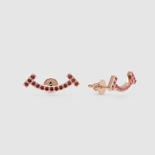 Curved Bar Ear Jacket Earrings With Pink Gemstones - One