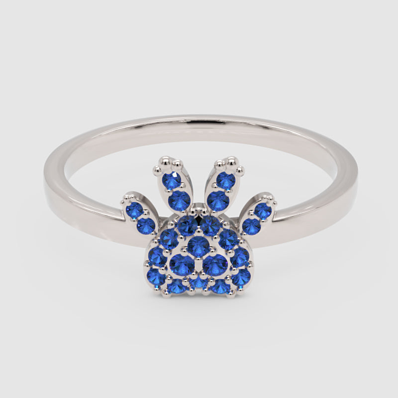 Blue Sapphire Paw Print Ring For Pet Lovers - One