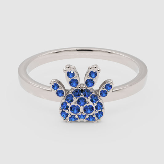 Blue Sapphire Paw Print Ring for Pet Lovers