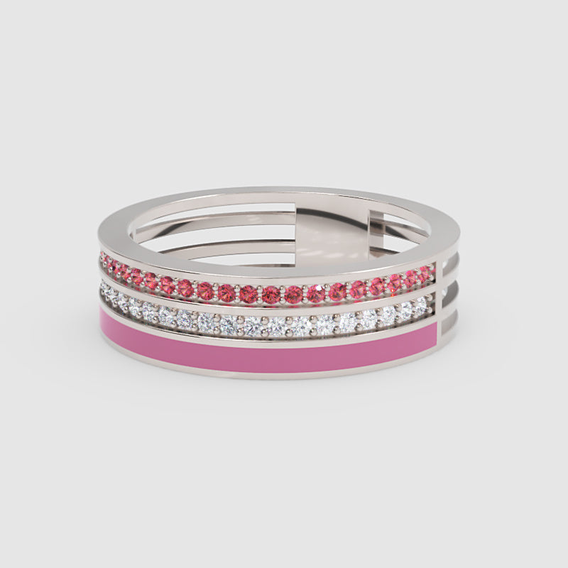 Gold Ruby Diamond Multi-Row Band Ring With Pink Enamel – Statement Luxury Ring - Four