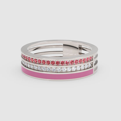Gold Ruby Diamond Multi-Row Band Ring With Pink Enamel – Statement Luxury Ring - Four