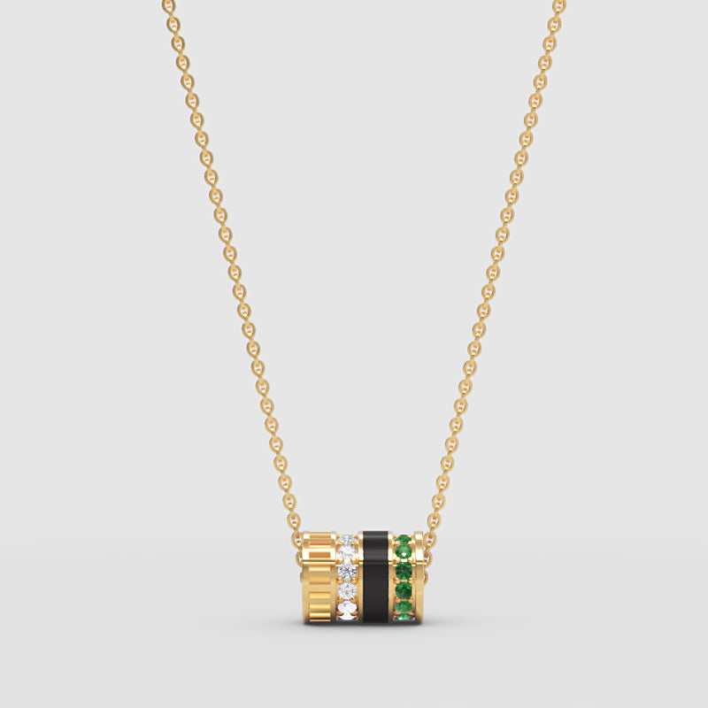 Diamond & Green Gemstone Barrel Pendant Necklace With Custom Enamel | Adjustable 16–17 Inch Chain In Yellow Gold | Jebij - One
