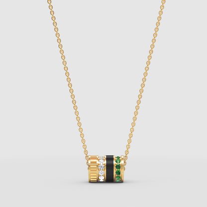 Diamond & Green Gemstone Barrel Pendant Necklace With Custom Enamel | Adjustable 16–17 Inch Chain In Yellow Gold | Jebij - One