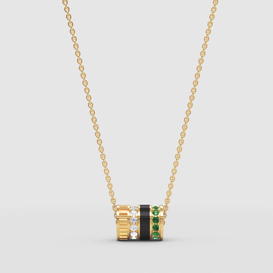 Diamond & Green Gemstone Barrel Pendant Necklace With Custom Enamel | Adjustable 16–17 Inch Chain In Yellow Gold | Jebij - One
