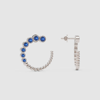 Blue Sapphire Beaded Circle Hoop Earrings With Screw Backs - One